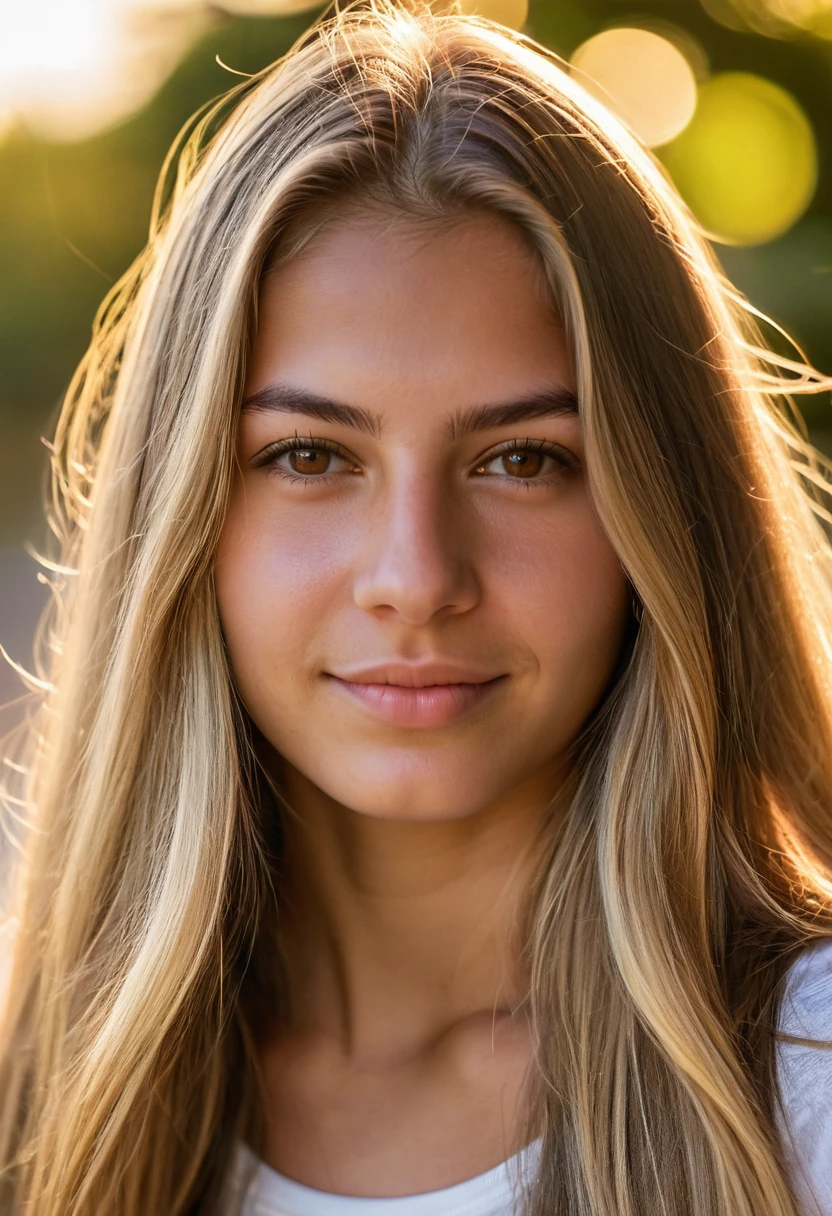 A photorealistic portrait of a 20-year-old Colombian girl with long, flowing blond hair
and striking brown eyes. She should have a natural, approachable expression andbe illuminated by soft, golden-hour sunlight. The background should be a scenic
outdoor setting, perhaps a sunlit park or beach. Capture this image with a highresolution photograph using an 85mm lens for a flattering perspective.