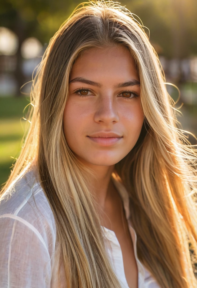 A photorealistic portrait of a 20-year-old Colombian girl with long, flowing blond hair
and striking brown eyes. She should have a natural, approachable expression andbe illuminated by soft, golden-hour sunlight. The background should be a scenic
outdoor setting, perhaps a sunlit park or beach. Capture this image with a highresolution photograph using an 85mm lens for a flattering perspective.