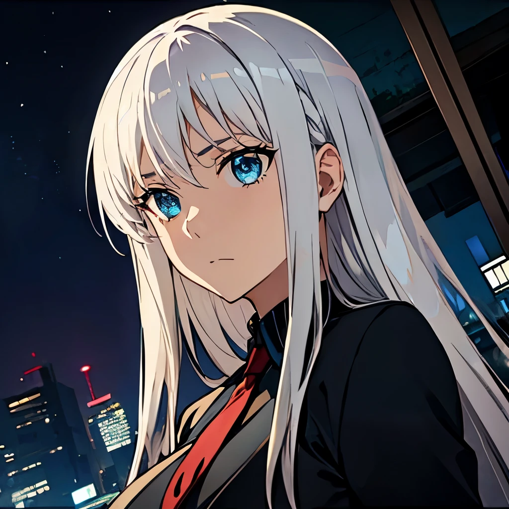 big tits,  1girl, outdoor, night city,  silver hair, blue eyes, emotionless, detailed face, view at camera, , nectie, school unifom, upperbody