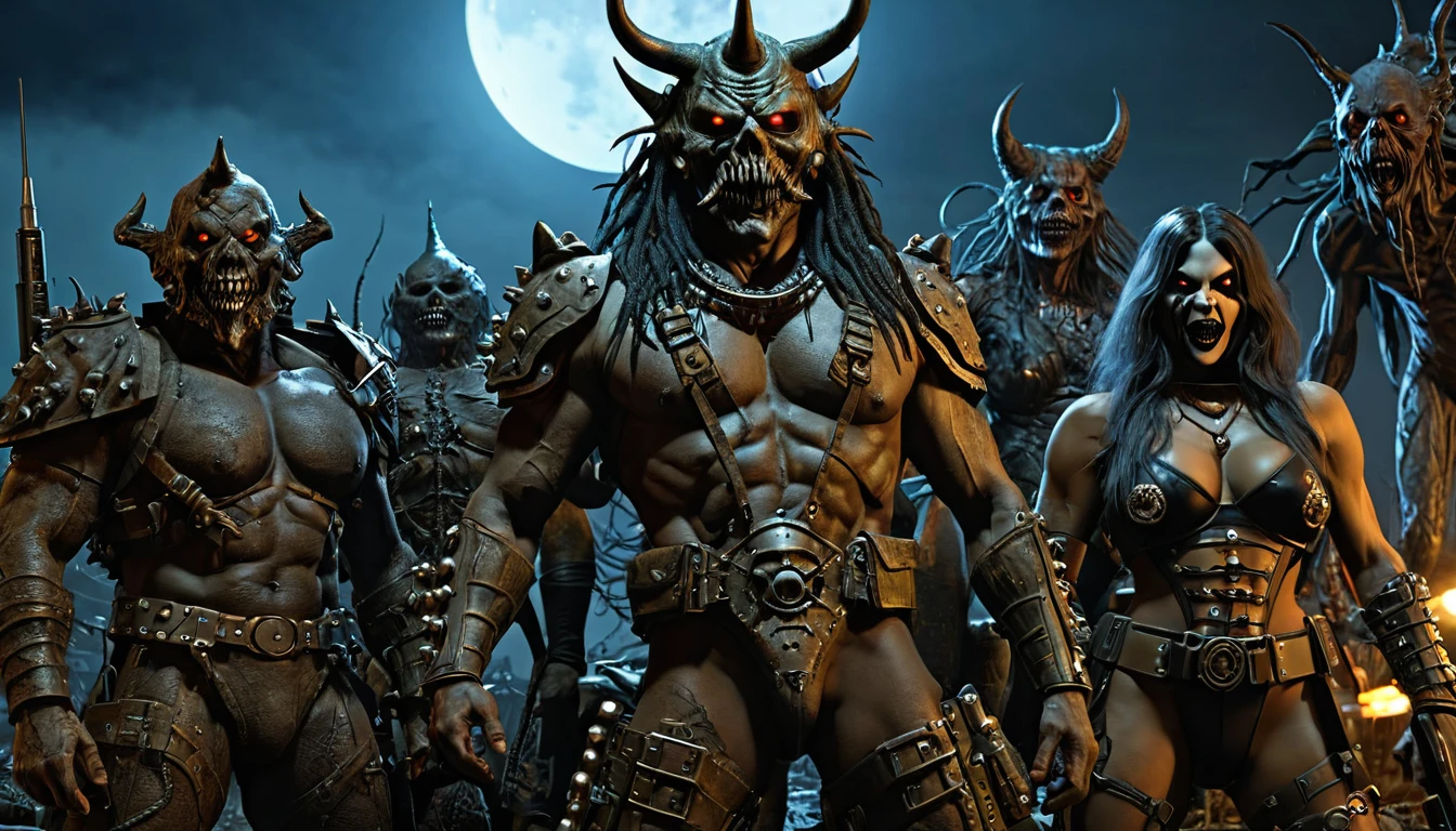 in (medium full shot:3.1) of lot of characters from a movie for slave girls from beyond infinity, inspired by Clyde Caldwell, futuristic apocalypse, stalenhag, metal album cover, gwar, heavy metal band promo, wayne barlowe pierre pellegrini, (with Creepy, Sci-Fi, Fantasy and Horror:2.9) retro sci fi, Horror movie, very detailed body, moody, epic, shot on Kodak Vision3, (intricate details:2.4), (hyperdetailed:3.1), (8k resolution:3.1), (high detailed:4.1), lot of detailed, high quality, soft (cinematic:3.3) light, dramatic atmosphere, atmospheric pespective, (impactful art:2.8), rich colors, 3d rendering