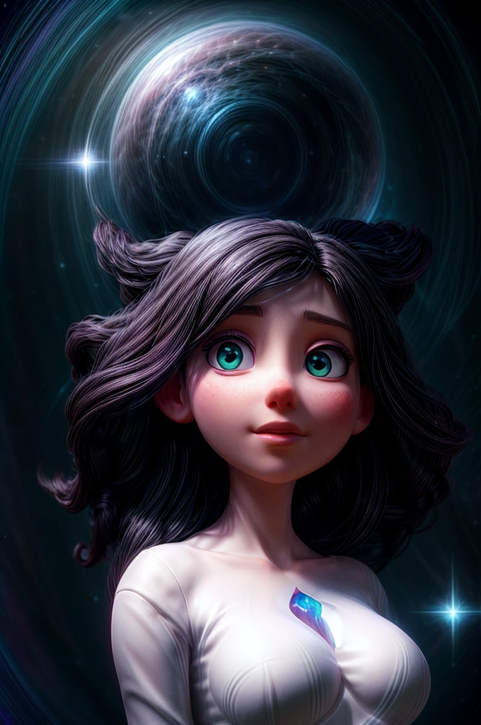 a beautiful white woman with long black hair, ethereal spiritual being floating in a cosmic space, mystical dimensional portal, intricate energy field surrounding her body, glowing orbs of light orbiting her, volumetric lighting, cinematic composition, dramatic chiaroscuro lighting, dreamlike atmosphere, vibrant colors, highly detailed, photorealistic, 8k, masterpiece