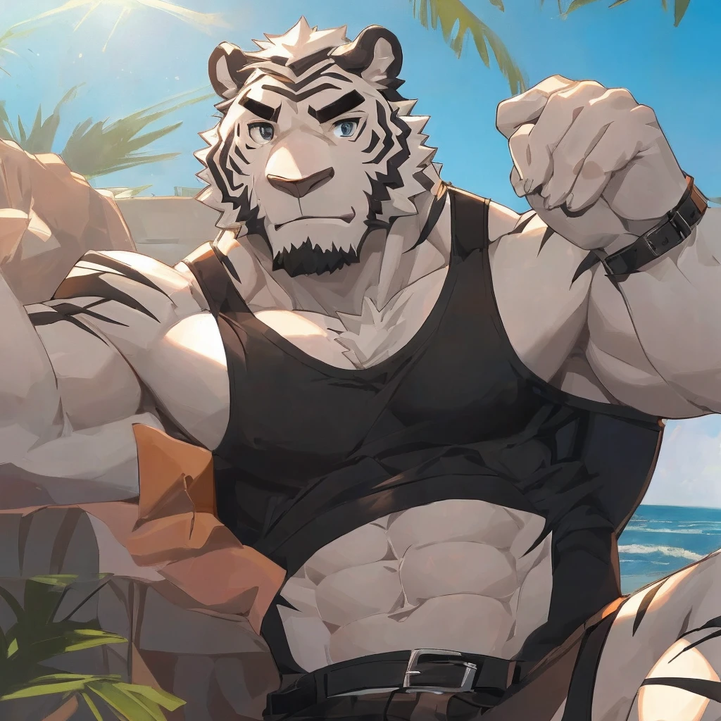 masterpiece,best quality,Beach,Sea,Sunlight,Male focus,Tiger-type orcs,(Athletic:1.5), (White fur,Black eyebrows:1.5), Onyx eyes,Black Nose,Five fingers,Strong body,Pectoralis major,Eight-pack abs,Unbuttoning clothes to reveal chest muscles,belt,Transparent swimsuit
