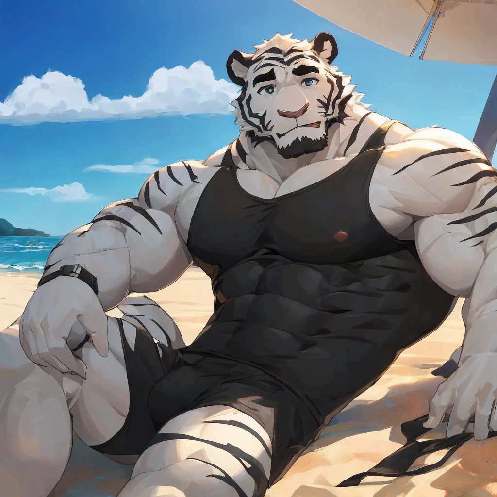 masterpiece,best quality,Beach,Sea,Sunlight,Male focus,Tiger-type orcs,(Athletic:1.5), (White fur,Black eyebrows:1.5), Onyx eyes,Black Nose,Five fingers,Strong body,Pectoralis major,Eight-pack abs,Unbuttoning clothes to reveal chest muscles,belt,Transparent swimsuit