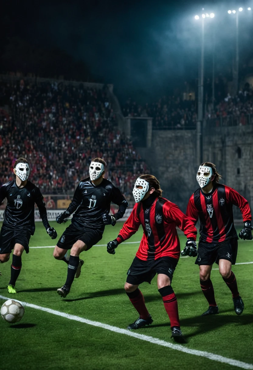 Dark, dramatic scene of a soccer team from the Inquisition in action. Players wear black and crimson uniforms with gothic designs, metal studs, leather straps, and symbolic crosses. Set in a medieval-style stadium with stone walls and torchlights. Players are intensely focused, expressions of determination and aggression as they engage in a fierce match. Goalkeeper in a hood and metal mask stands ready, while others rush towards the goal. Spectators in period clothing cheer and shout. The scene blends historical drama with high-stakes soccer excitement