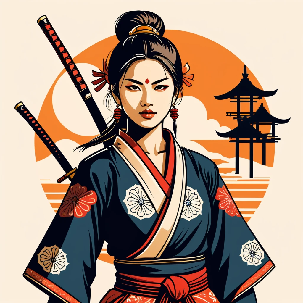 female samurai in indian folk outfit, vector graphics, strong contours, logo design