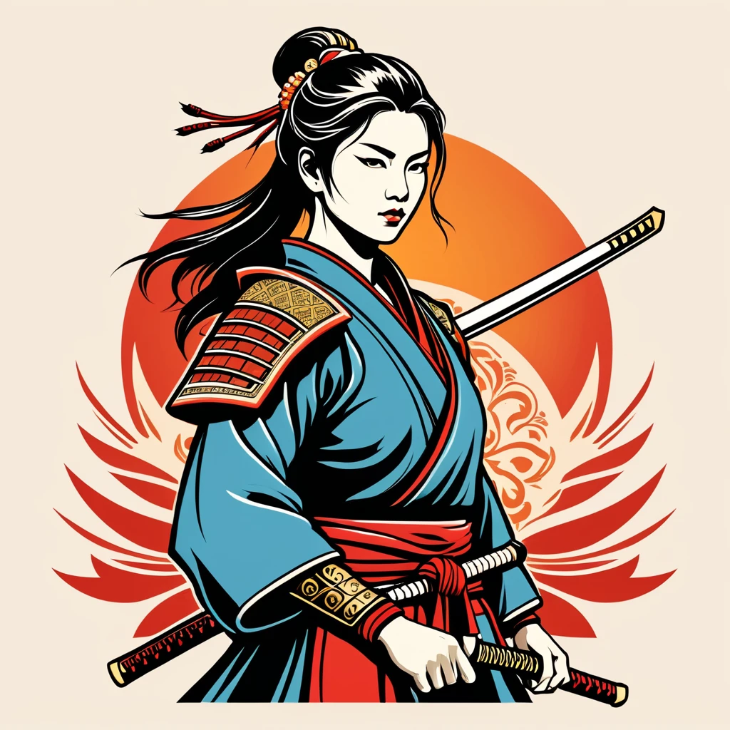 female samurai in indian folk outfit, vector graphics, strong contours, logo design
