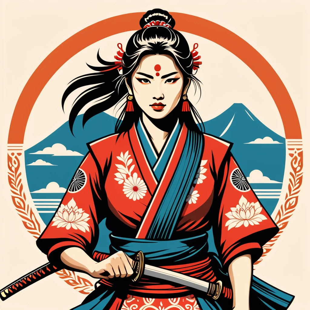 female samurai in indian folk outfit, vector graphics, strong contours, logo design