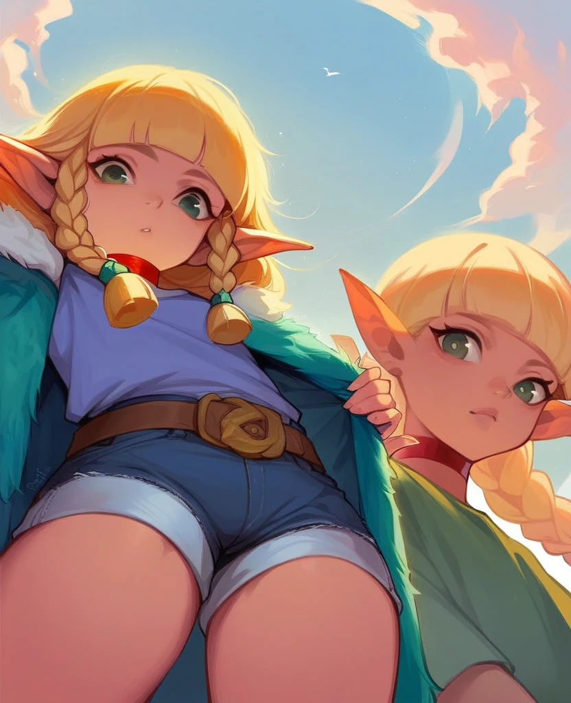 different angles,generate the image of an elf, with green eyes, long blonde hair with bangs and braids, wearing denim shorts super mini cotton summer booty ladies charming ,low angles, beige sandals, a long dark blue dress, brown belt, red choker and fur coat with a blue hood. low angles,Cinematic, 35mm lens, f/1.8, accent lighting, global illumination –uplight –v 4, 3 realistic