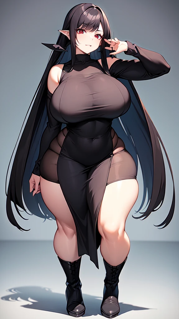 (masterpiece), best quality, expressive eyes, perfect face, vampire girl, huge girl, female muscular:1.2, big breast:1, (underboob), (curvy:1.7) , (straight hair:1.8), ((blank background)), ((full body)), wide hips:1.7, thick thighs:1.3, (long legs:1.4), amazon body, toeless boots, ((pale skin)) , red eyes, black hair, (long fangs) , long gray dress, long sleeves, loose sleeves, covered nipples