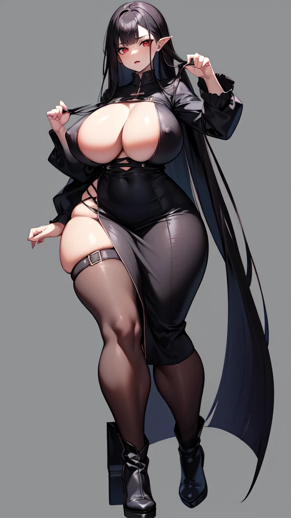 (masterpiece), best quality, expressive eyes, perfect face, vampire girl, huge girl, female muscular:1.2, big breast:1, (underboob), (curvy:1.7) , (straight hair:1.8), ((blank background)), ((full body)), wide hips:1.7, thick thighs:1.3, (long legs:1.4), amazon body, toeless boots, ((pale skin)) , red eyes, black hair, (long fangs) , long gray dress, long sleeves, loose sleeves, covered nipples