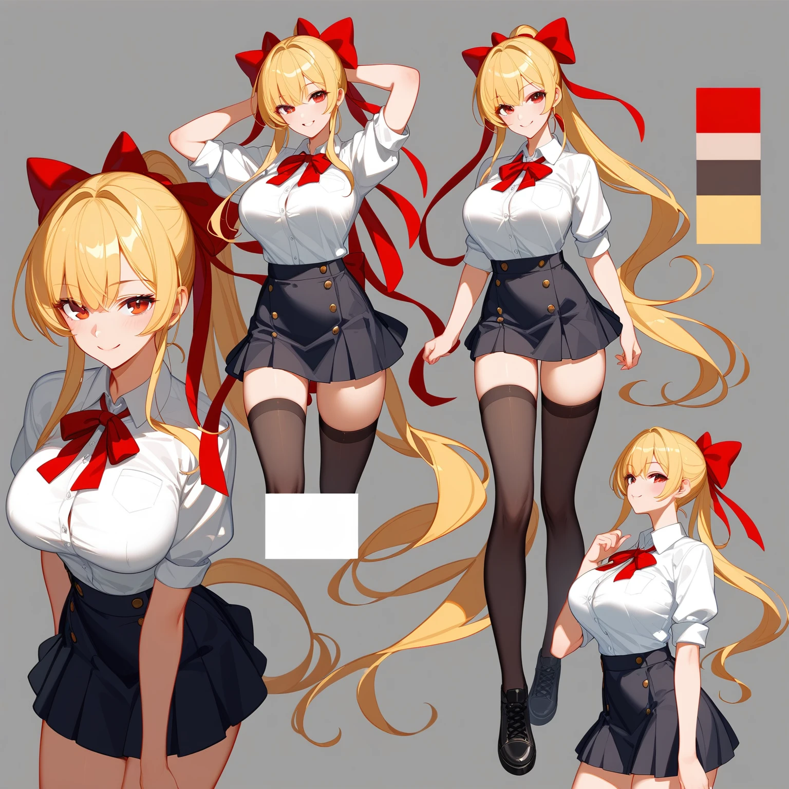 Highest quality, Ultra-detailed CG Unity 8k Wallpaper, Beautiful details、Large Breasts、Blonde、T-pose、White Shirt、mini skirt、Red ribbon、Lady、Slanted Eyes,３Area view、Character Sheet、front、Video Game Character Design、whole body、Head to foot