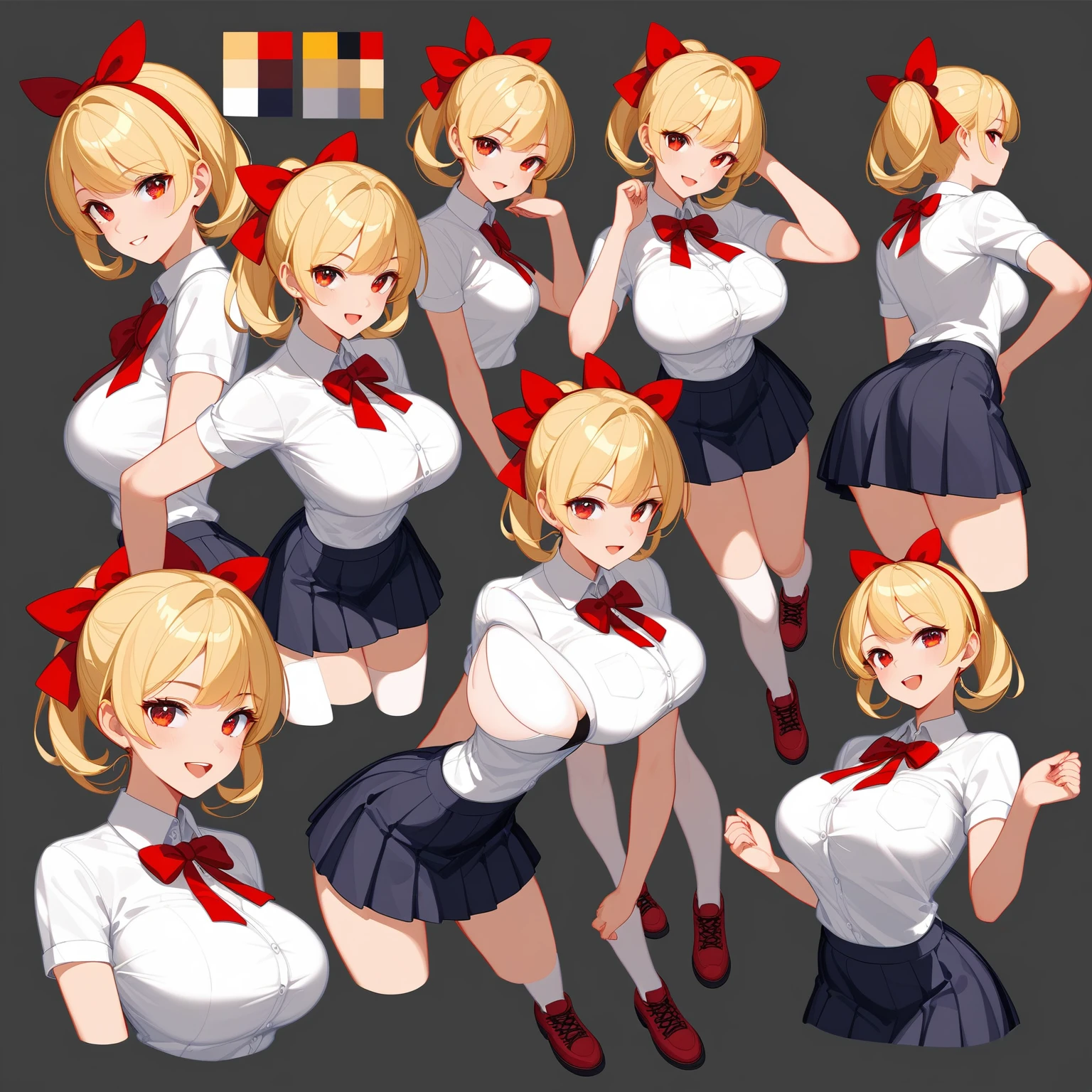 Highest quality, Ultra-detailed CG Unity 8k Wallpaper, Beautiful details、Large Breasts、Blonde、T-pose、White Shirt、mini skirt、Red ribbon、Lady、Slanted Eyes,３Area view、Character Sheet、front、Video Game Character Design、whole body、Head to foot