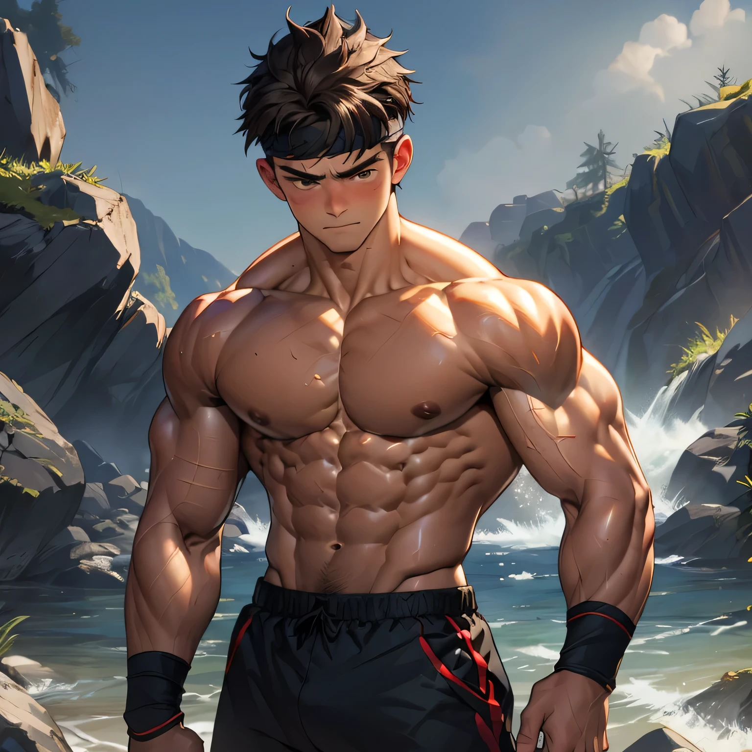 (Masterpiece, Best quality, 8k, ultra-detailed, 19 year old boy, worm eyes, black background), Young, boy, muscler, Shirtless, ((((solo, fullbodyesbian, intense battle scene, heroic figure, weary)))), (Dark Short straight hair, ((almost completely shaved hair)), under cut, brown eyes), (red headband), Vivid colors, ((hot Abs:1.2, abs!, big abs, big breast:1.2, chest!, muscler upper arms, clenched fist)), muscler!, muscler body, Man with martial arts stance, detailed face, detailed muscle, ((front view,arms behind back))