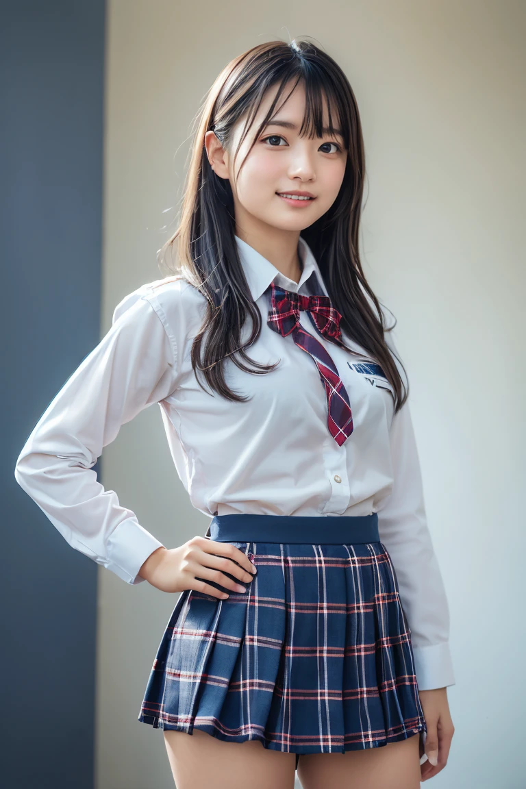 ((school uniform)),ribbon at neck,(school uniform and ((Plaid navy skirt)) and white shirt:1.1), Skin color, big , smile, (8k, RAW Photos, Highest quality, masterpiece:1.2), masterpiece, super detailed, super high quality, (Realistic and Realistic photography:1. 37), High-resolution RAW color photos, Very delicate and beautiful, highly detailed, 8k壁紙, wonderful, detailed, Very eye, very detailed, very detailed skin, very thin fingers, very detailed nose, very detailed mouth, Perfect Anatomy, Upper Body, studio, Soft lighting, A full-body shot of a cute idol wearing a one-piece swimsuit, Playful pose, Hands on hips, smile, Pastel Background, Realistic, Attention to detail, studio photography