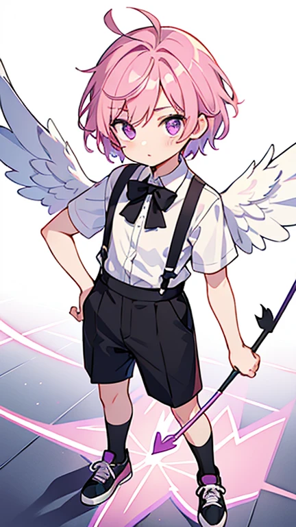 one boy,Pink hair,short cut,purple eyes,white shirt,black ribbon,black suspenders,white socks,Black sneakers,with angel wings,Purple Cupid holding an arrow,(((animation style)))
