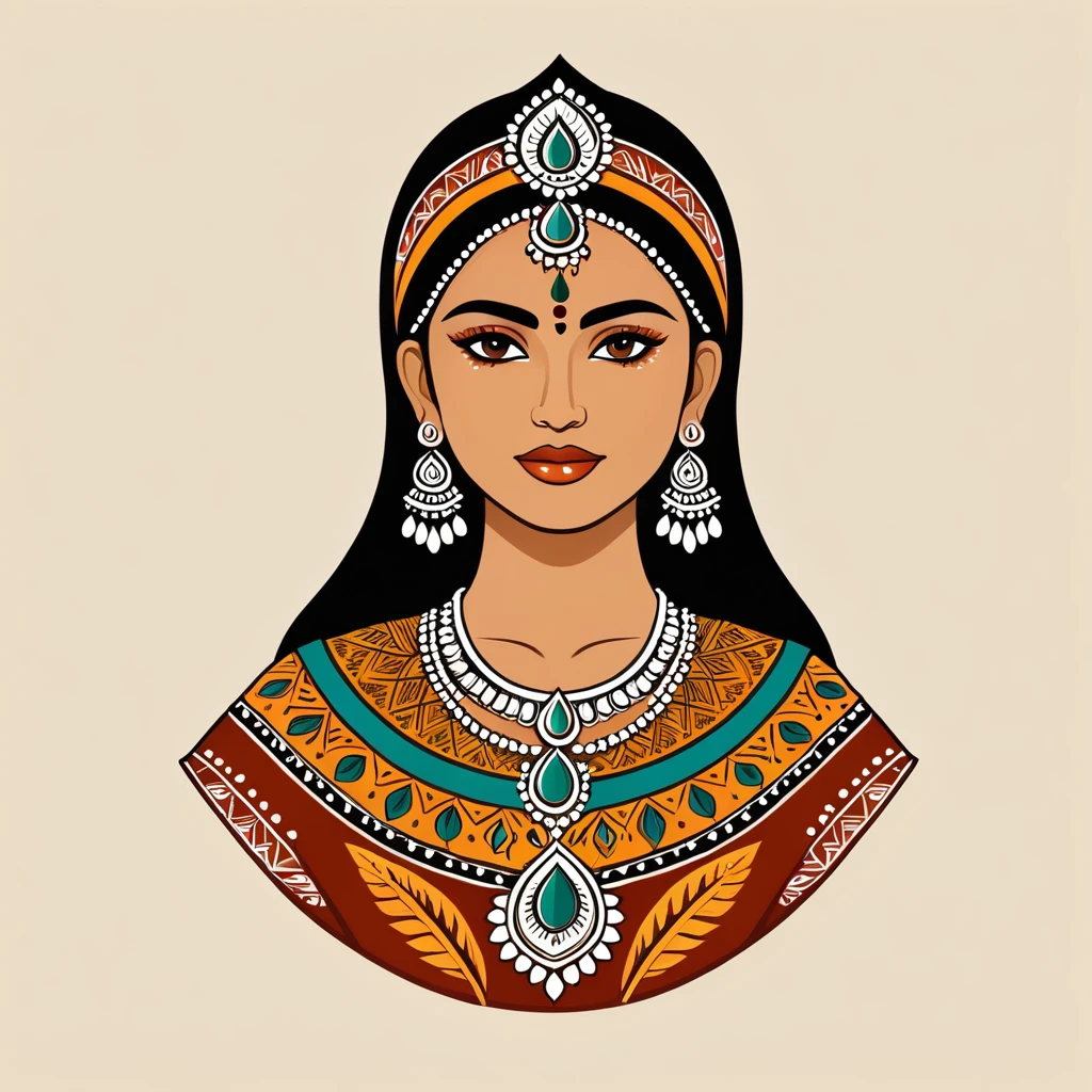 female warroir in indian folk outfit, vector graphics, strong contours, logo design
