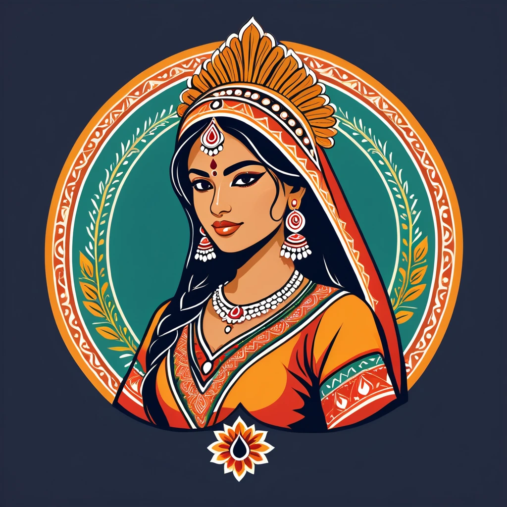 female warroir in indian folk outfit, vector graphics, strong contours, logo design
