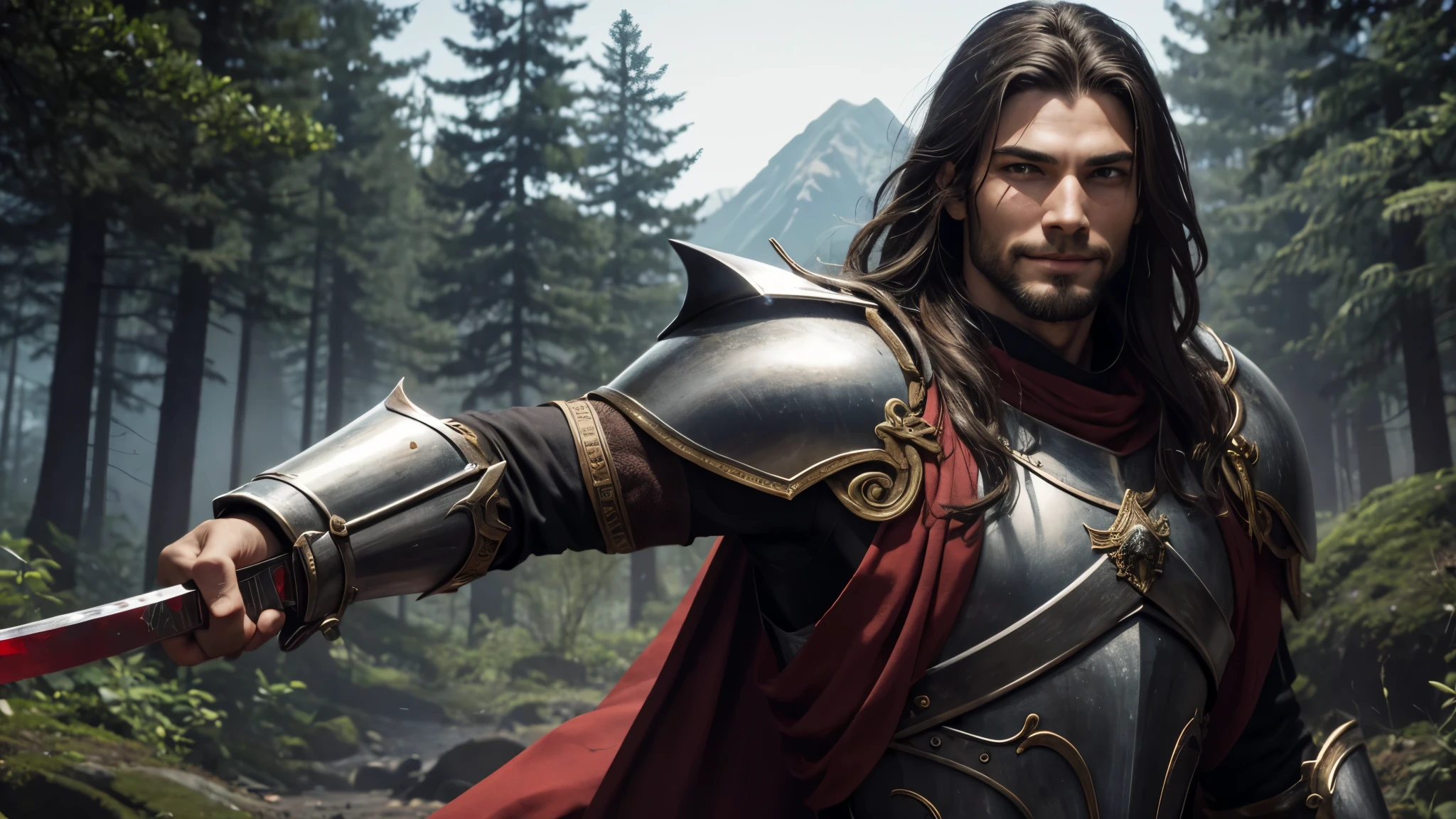 A human warrior man, 6'4 , approximately 209lb, slender body, with brown eyes, long and tied hair, no beard, a big scar on his face, wearing a beautiful silver armor, with a symbol on the armor, a red cloth tied to his right arm, holding a sword like his two hands, shining sword with blood running down, smiling. He striking a pose, with a forest in the background.