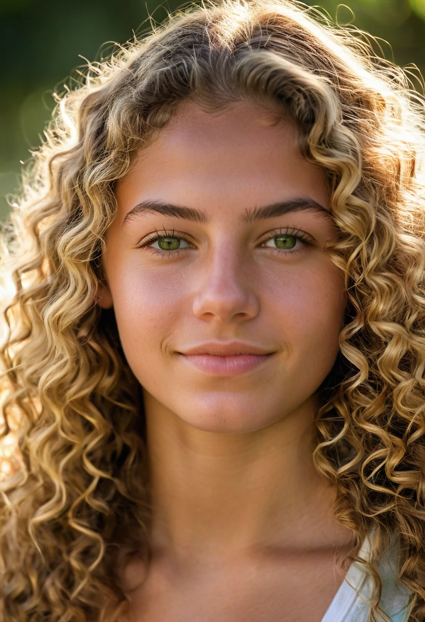 A photorealistic portrait of a 20-year-old Colombian girl with long, curly blond hair
and striking green eyes. She should have a natural, approachable expression and be illuminated by soft, golden-hour sunlight. The background should be a scenic
outdoor setting, perhaps a sunlit park or beach. Capture this image with a high resolution photograph using an 85mm lens for a flattering perspective.