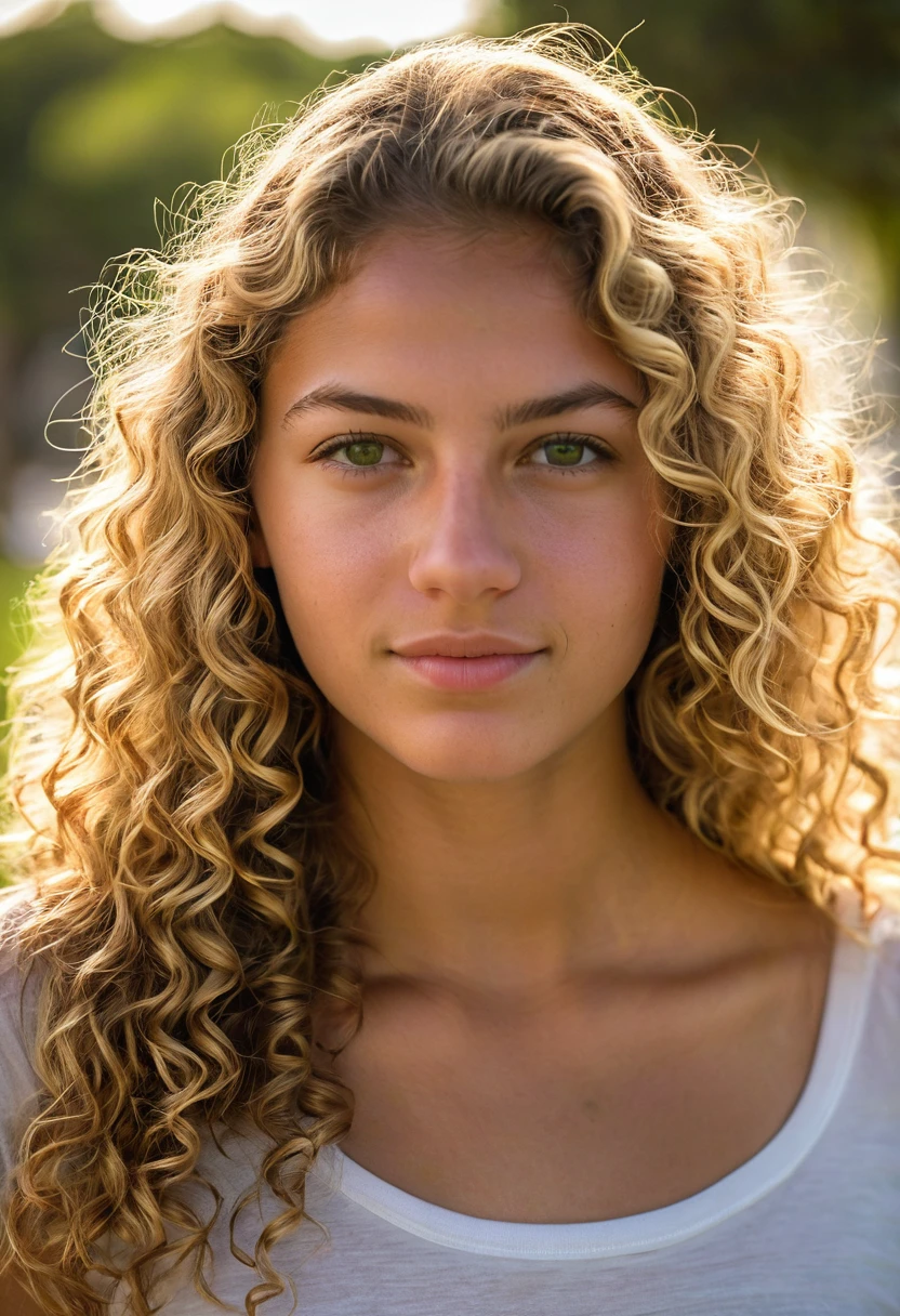A photorealistic portrait of a 20-year-old Colombian girl with long, curly blond hair
and striking green eyes. She should have a natural, approachable expression and be illuminated by soft, golden-hour sunlight. The background should be a scenic
outdoor setting, perhaps a sunlit park or beach. Capture this image with a high resolution photograph using an 85mm lens for a flattering perspective.