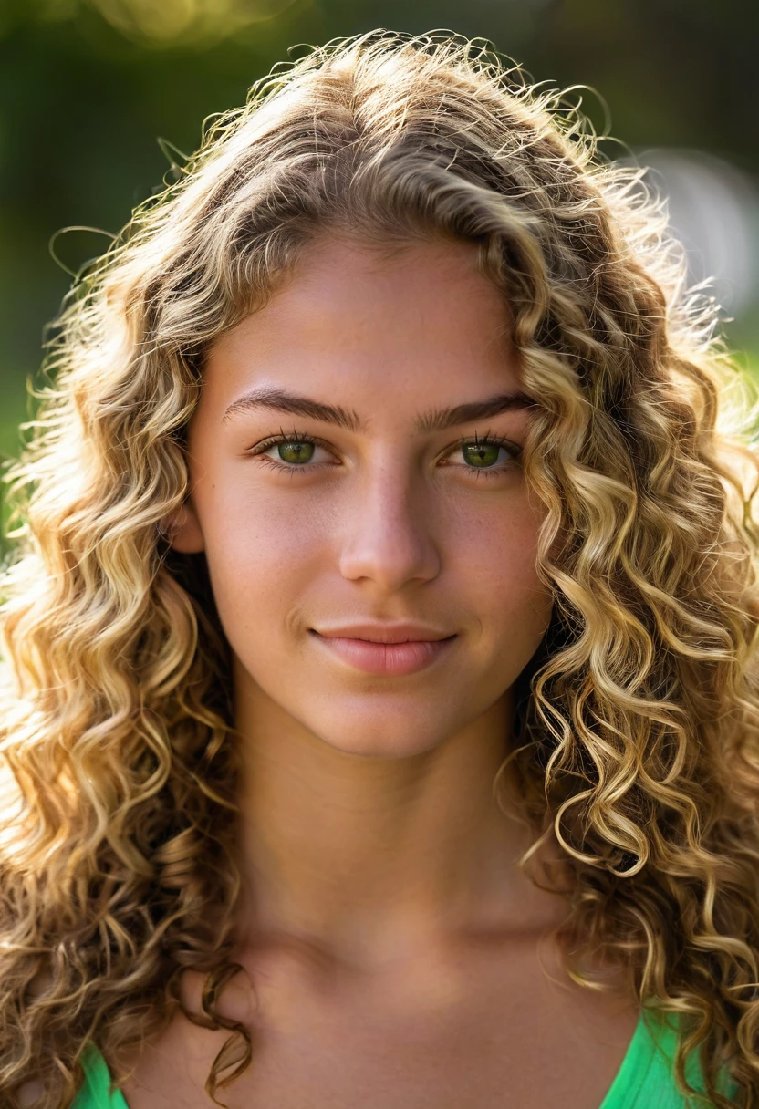 A photorealistic portrait of a 20-year-old Colombian girl with long, curly blond hair
and striking green eyes. She should have a natural, approachable expression and be illuminated by soft, golden-hour sunlight. The background should be a scenic
outdoor setting, perhaps a sunlit park or beach. Capture this image with a high resolution photograph using an 85mm lens for a flattering perspective.