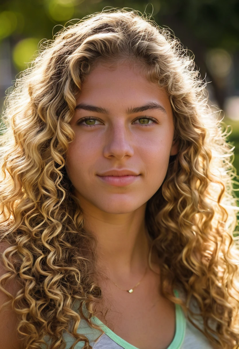 A photorealistic portrait of a 20-year-old Colombian girl with long, curly blond hair
and striking green eyes. She should have a natural, approachable expression and be illuminated by soft, golden-hour sunlight. The background should be a scenic
outdoor setting, perhaps a sunlit park or beach. Capture this image with a high resolution photograph using an 85mm lens for a flattering perspective.