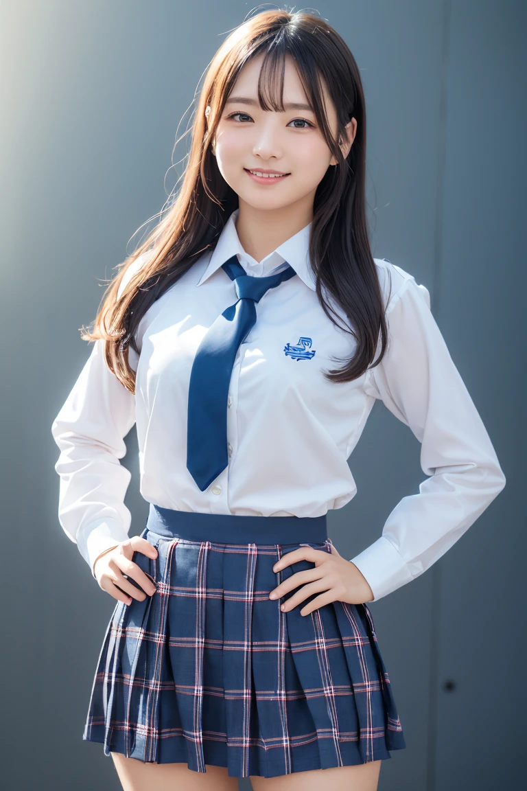 ((school uniform)),ribbon at neck,(school uniform and ((Plaid navy skirt)) and white shirt:1.1), Skin color, big , smile, (8k, RAW Photos, Highest quality, masterpiece:1.2), masterpiece, super detailed, super high quality, (Realistic and Realistic photography:1. 37), High-resolution RAW color photos, Very delicate and beautiful, highly detailed, 8k壁紙, wonderful, detailed, Very eye, very detailed, very detailed skin, very thin fingers, very detailed nose, very detailed mouth, Perfect Anatomy, Upper Body, studio, Soft lighting, A full-body shot of a cute idol wearing a one-piece swimsuit, Playful pose, Hands on hips, smile, Pastel Background, Realistic, Attention to detail, studio photography