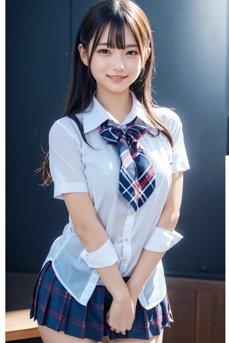 ((school uniform)),ribbon at neck,(school uniform and ((Plaid navy skirt)) and white shirt:1.1), Skin color, big , smile, (8k, RAW Photos, Highest quality, masterpiece:1.2), masterpiece, super detailed, super high quality, (Realistic and Realistic photography:1. 37), High-resolution RAW color photos, Very delicate and beautiful, highly detailed, 8k壁紙, wonderful, detailed, Very eye, very detailed, very detailed skin, very thin fingers, very detailed nose, very detailed mouth, Perfect Anatomy, Upper Body, studio, Soft lighting, A full-body shot of a cute idol wearing a one-piece swimsuit, Playful pose, Hands on hips, smile, Pastel Background, Realistic, Attention to detail, studio photography