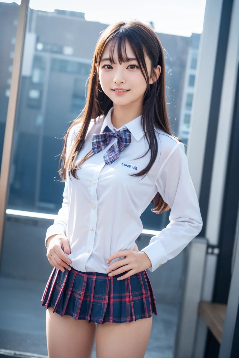 ((school uniform)),ribbon at neck,(school uniform and ((Plaid navy skirt)) and white shirt:1.1), Skin color, big , smile, (8k, RAW Photos, Highest quality, masterpiece:1.2), masterpiece, super detailed, super high quality, (Realistic and Realistic photography:1. 37), High-resolution RAW color photos, Very delicate and beautiful, highly detailed, 8k壁紙, wonderful, detailed, Very eye, very detailed, very detailed skin, very thin fingers, very detailed nose, very detailed mouth, Perfect Anatomy, Upper Body, studio, Soft lighting, A full-body shot of a cute idol wearing a one-piece swimsuit, Playful pose, Hands on hips, smile, Pastel Background, Realistic, Attention to detail, studio photography