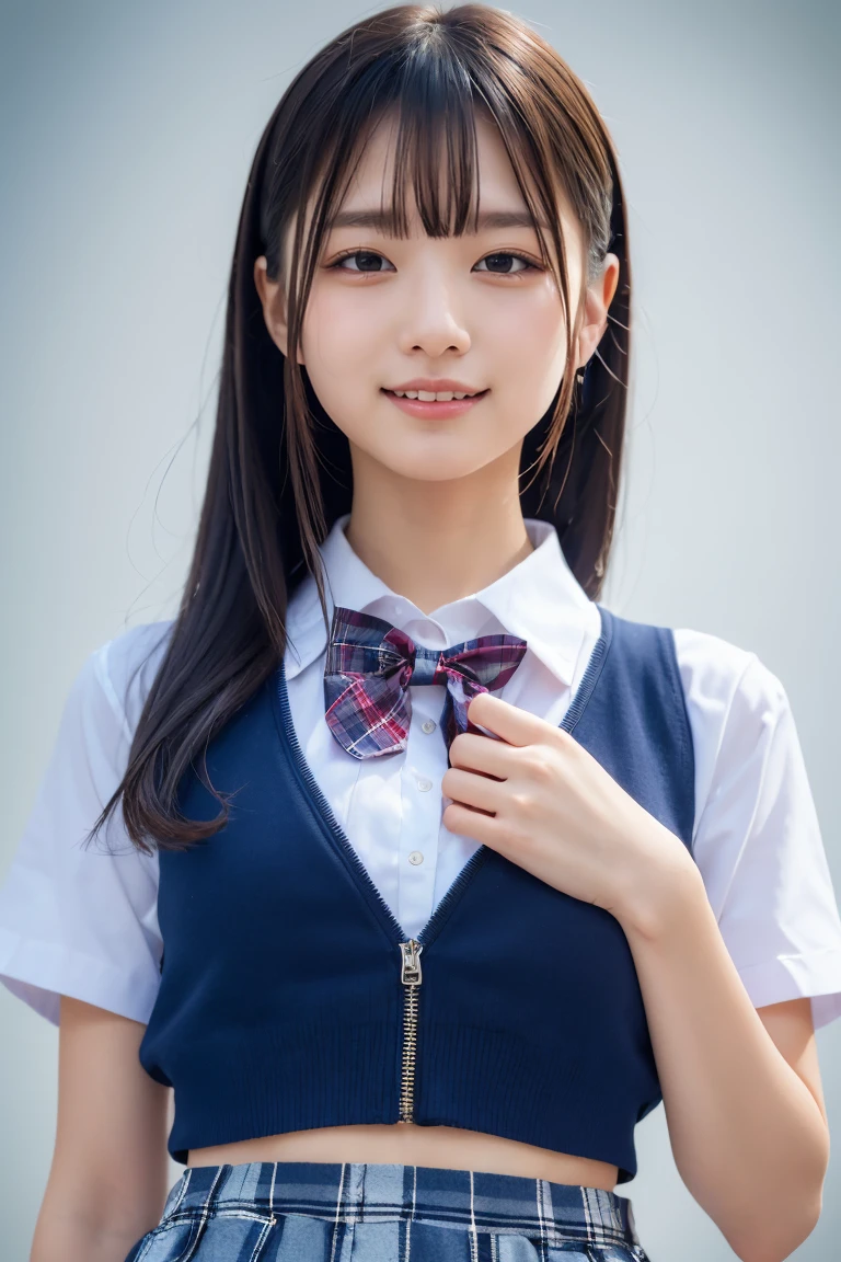 ((school uniform)),ribbon at neck,(school uniform and ((Plaid navy skirt)) and white shirt:1.1), Skin color, big , smile, (8k, RAW Photos, Highest quality, masterpiece:1.2), masterpiece, super detailed, super high quality, (Realistic and Realistic photography:1. 37), High-resolution RAW color photos, Very delicate and beautiful, highly detailed, 8k壁紙, wonderful, detailed, Very eye, very detailed, very detailed skin, very thin fingers, very detailed nose, very detailed mouth, Perfect Anatomy, Upper Body, studio, Soft lighting, A full-body shot of a cute idol wearing a one-piece swimsuit, Playful pose, Hands on hips, smile, Pastel Background, Realistic, Attention to detail, studio photography