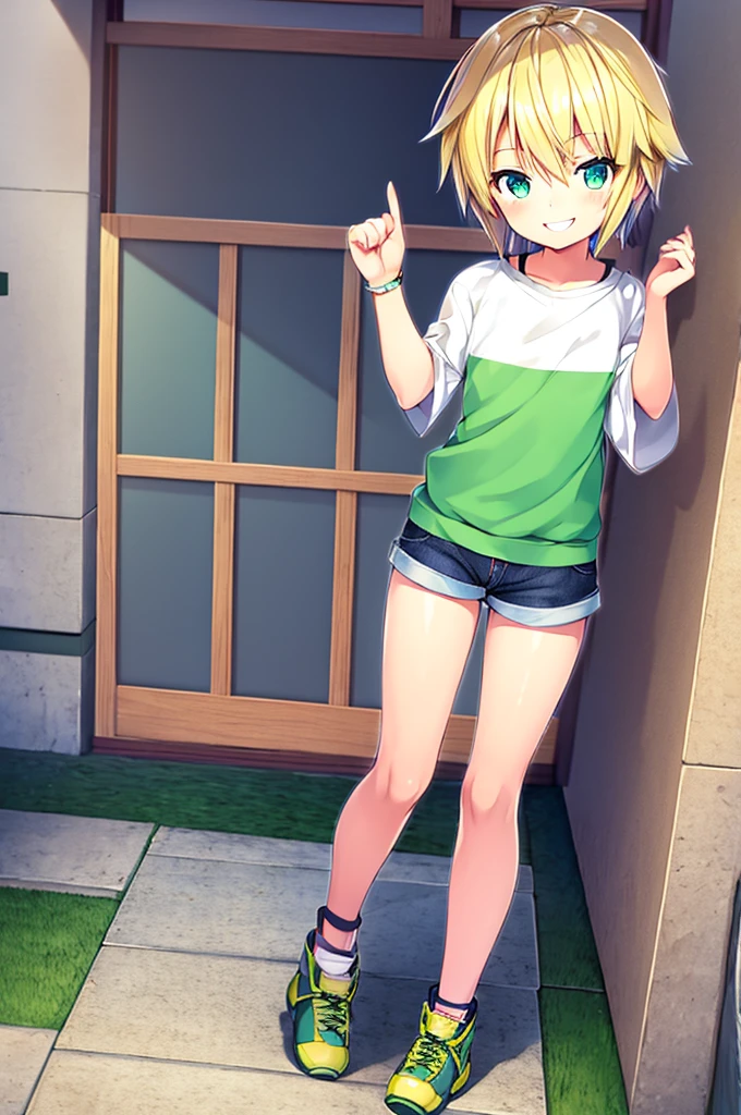  anime girl, cute, , happy smile, boyish clothes, shorts, short blonde hair, green eyes, best quality