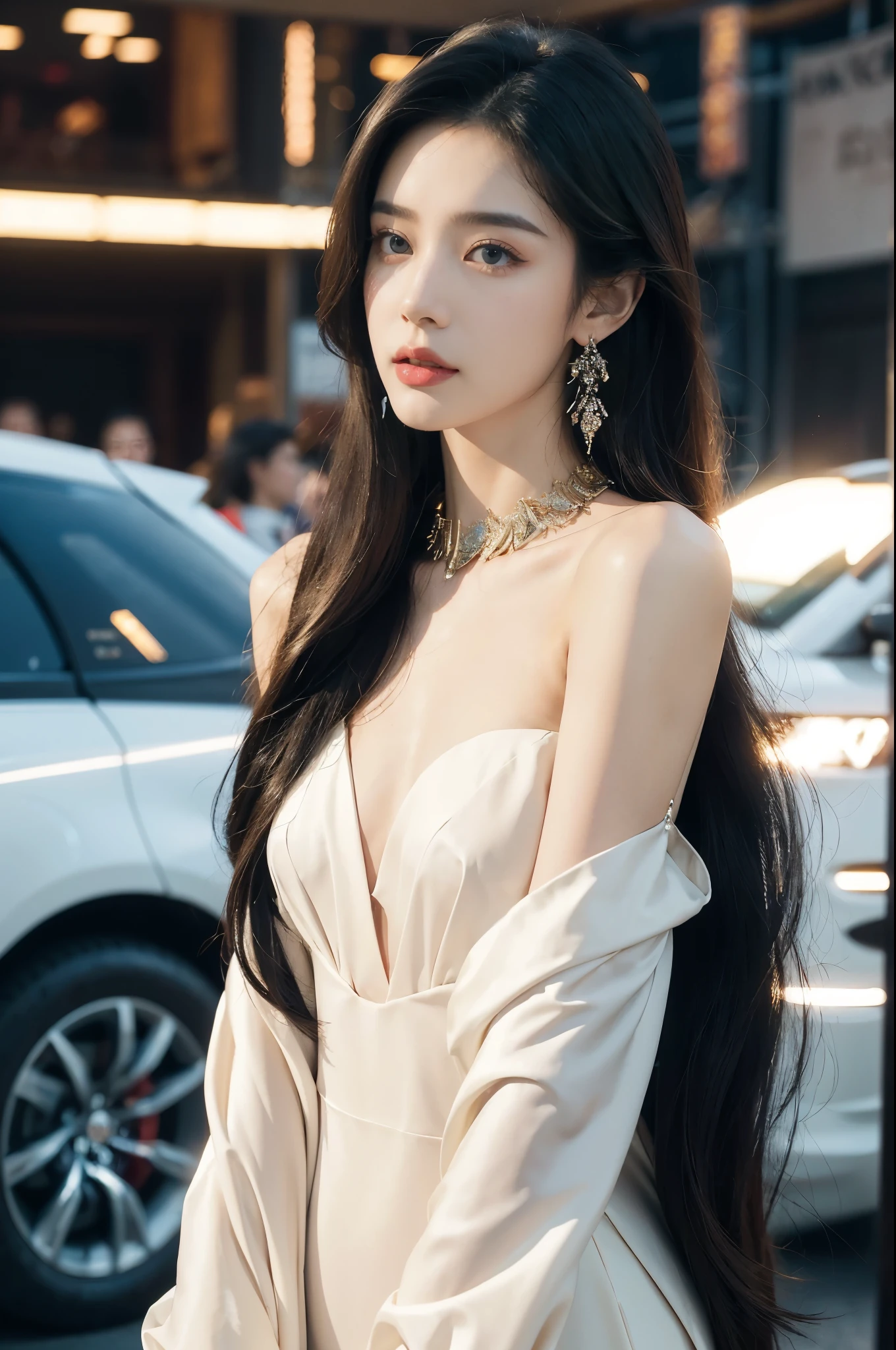 (((best quality))),(((ultra detailed))),(((masterpiece))),illustration,((1girl,gorgeous female model,solo)),((earrings,crystal collar)),((slim,thin)),((small breasts,flat chest)),(slender legs:1.2),(standing:1.3),(beside a sleek futuristic car:1.3),(glamorres sparkled dress:1.3),intricate embellishments,drop-dead gorgeous,(shoulder length straight hair:1.2),vibrant piercing eyes,delicate facial features,rosy cheeks,parted res lips,confident allure,beauty grace,intricate patterns,shimmering fabric,elegant draping,complementary skin tone,radiates beauty,allure,sleek streamlined design,futurism,smooth curves angles,ambient lighting,ethereal aura,intricate patterns,LED lights,glow,sea of activity,(surrounded by crowded crowds:1.3),examine cars,electric atmosphere,cyberpunk style,excitement anticipation,energy palpable,enthusiasm future automobiles,modern elegance,technological innovation,captivating vibrant scene,invite viewers step into future,embrace beauty,((from front,upper body))
