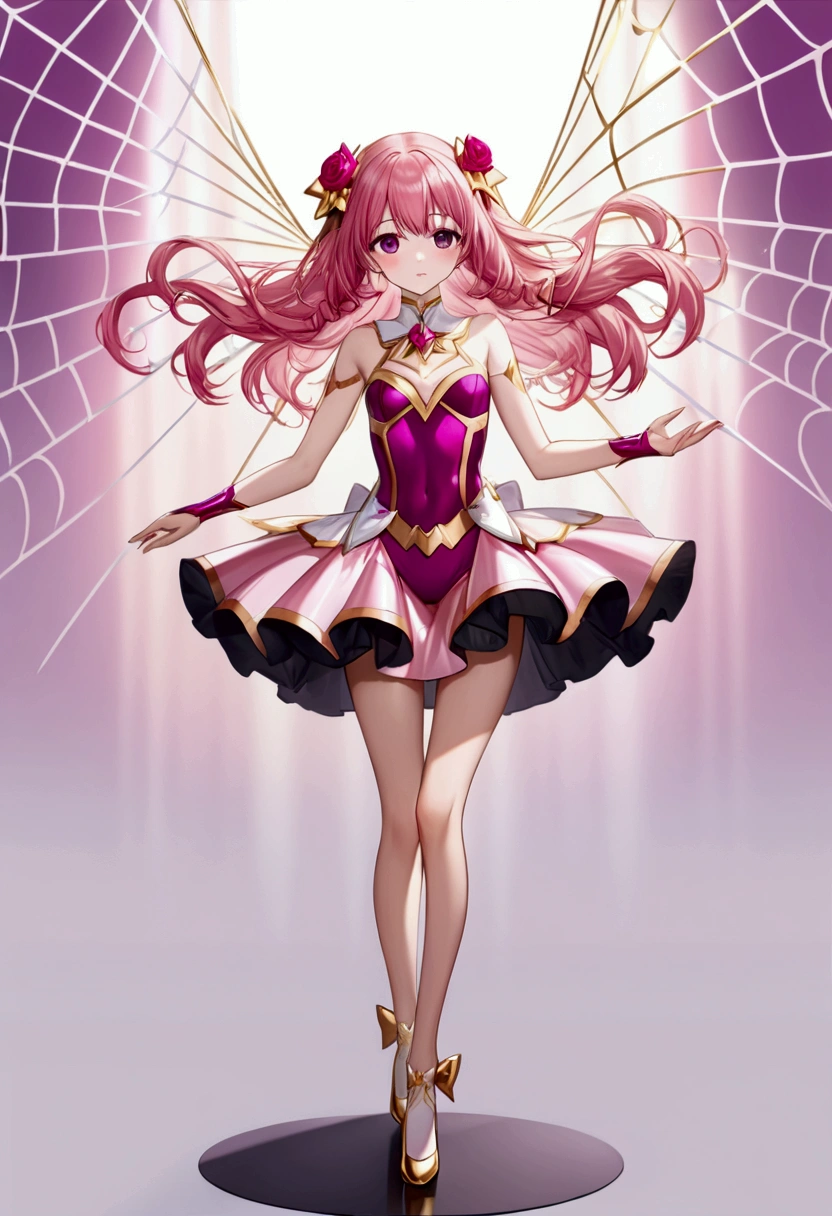 Create an anime-style girl with (((deep magenta eyes and long, wavy pink hair))) ((styled in an elegant frenchbraid)). (((She is slender, and with small breasts))). ((Ensure a full-body shot of her)) wearing a (((pink, gold, and rose gold color magical girl-themed outfit.))) ((The outfit features a spider and spider web theme.)) The overall look is regal and ethereal, with magical glowing effects. cutesexy, purinpuon pixiv, no future, a hyperrealistic , hyperrealistic , realistic , seductive (anime girl), smooth anime cg art, beautiful alluring anime , (purinpuon pixiv), ((magical girl)), (masterpiece), best quality, expressive eyes, perfect face ((Highest quality))、((8K))、(((8k wallpaper))) ((Full Body Shot: 1.5))、ultra detailed, masterpiece, best quality, solo ((purinpuon pixiv, no future)) (((purinpuon pixiv, no future)))