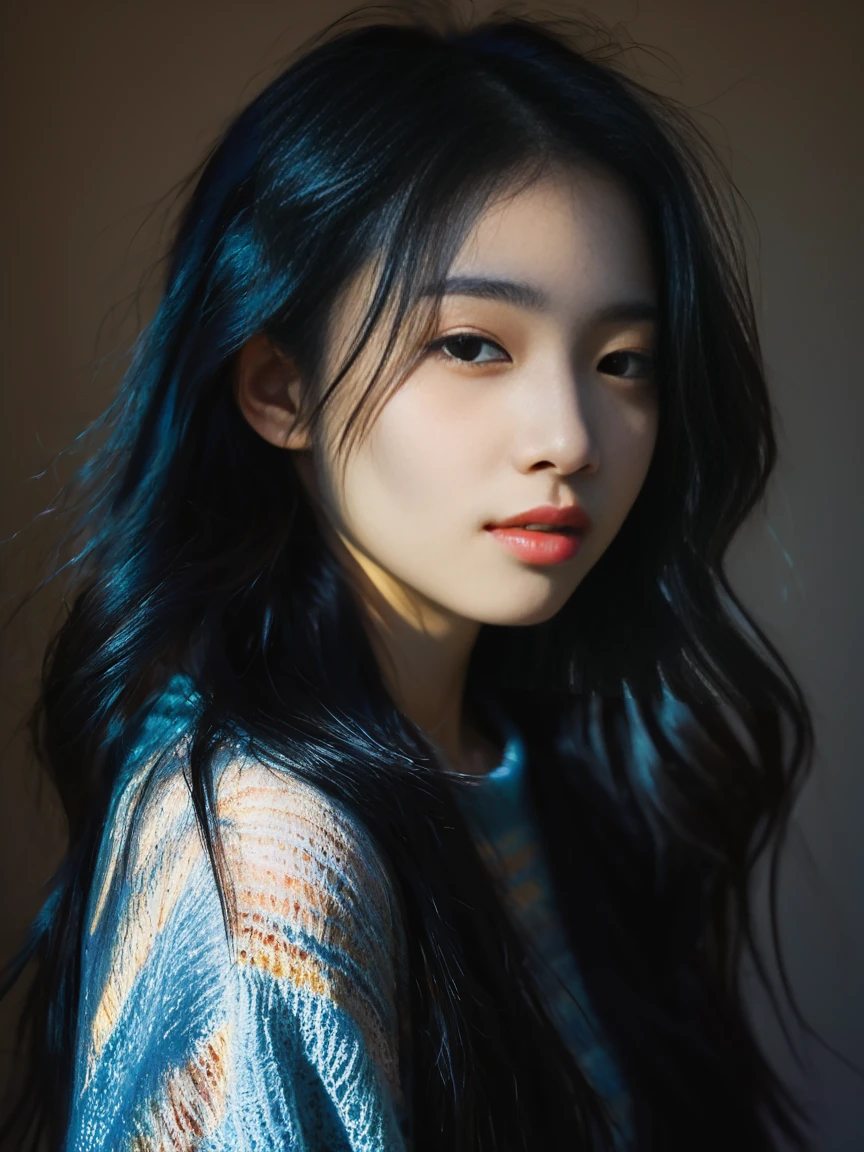 dark,caustics,colorful,gorgeouslightandshadow,fullbody,Thegirl'spaleskin,herlipsareslightlyopentorevealherteeth,andherblueeyesareblurryanddreamy.mottledlightandshadow,portrait,black_hair,
