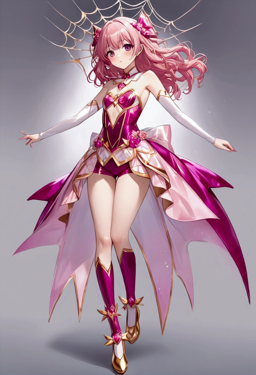 Create an anime-style girl with (((deep magenta eyes and long, wavy pink hair))) ((styled in an elegant frenchbraid)). (((She is slender, and with small breasts))). ((Ensure a full-body shot of her)) wearing a (((pink, gold, and rose gold color magical girl-themed outfit.))) ((The outfit features a spider and spider web theme.)) The overall look is regal and ethereal, with magical glowing effects. cutesexy, purinpuon pixiv, no future, a hyperrealistic , hyperrealistic , realistic , seductive (anime girl), smooth anime cg art, beautiful alluring anime teen, (purinpuon pixiv), ((magical girl)), (masterpiece), best quality, expressive eyes, perfect face ((Highest quality))、((8K))、(((8k wallpaper))) ((Full Body Shot: 1.5))、ultra detailed, masterpiece, best quality, solo ((purinpuon pixiv, no future)) (((purinpuon pixiv, no future)))