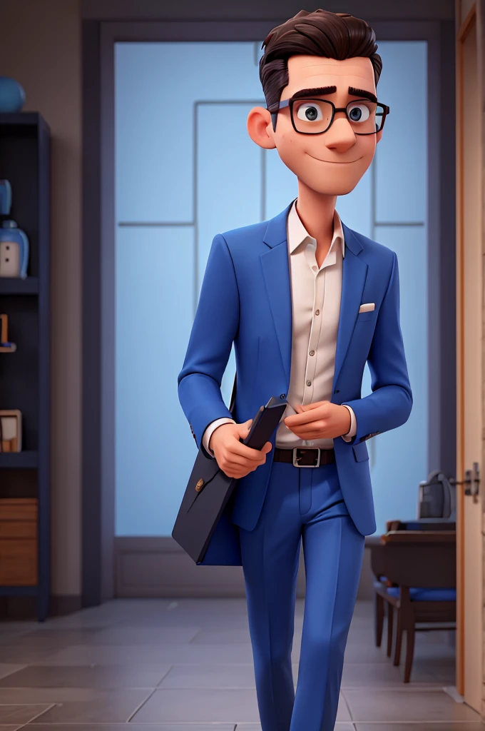 skinny man, dark hair shaved very low, wearing glasses and blue suit, holding a social folder