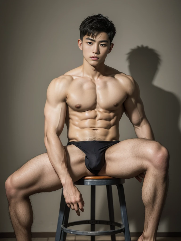 (masterpiece:1.2),18-year-old boy, Asian, Korea, gray thongs, abs, sitting on a stool, spread legs, looking at me, ultra-detailed, realistic, portraits, vibrant colors, studio lighting, buzz cut short hair, pubic hair