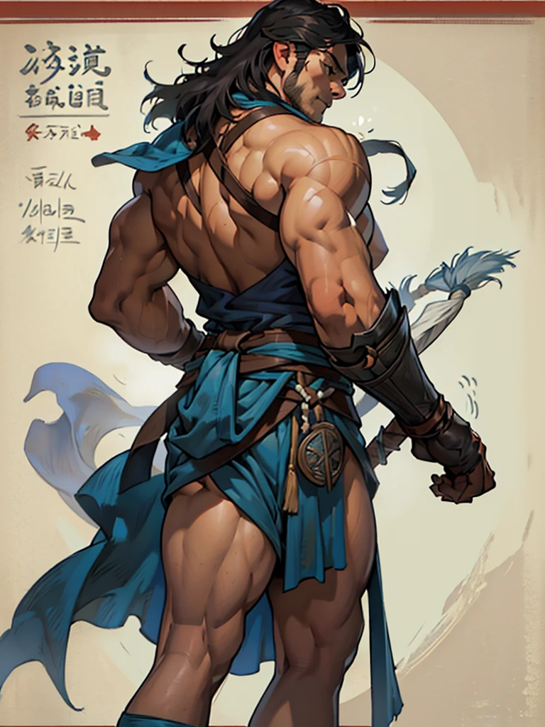 Create Theon I, the great conqueror of the tribes, (Masterpiece, best quality), detailed, ((character concept art)), ((character design sheet, same character, front, side, back)), many items, The great conqueror had a battle club, he was large and very strong and muscular, his short black hair vibrated in the air as he fought guerrilla battles.