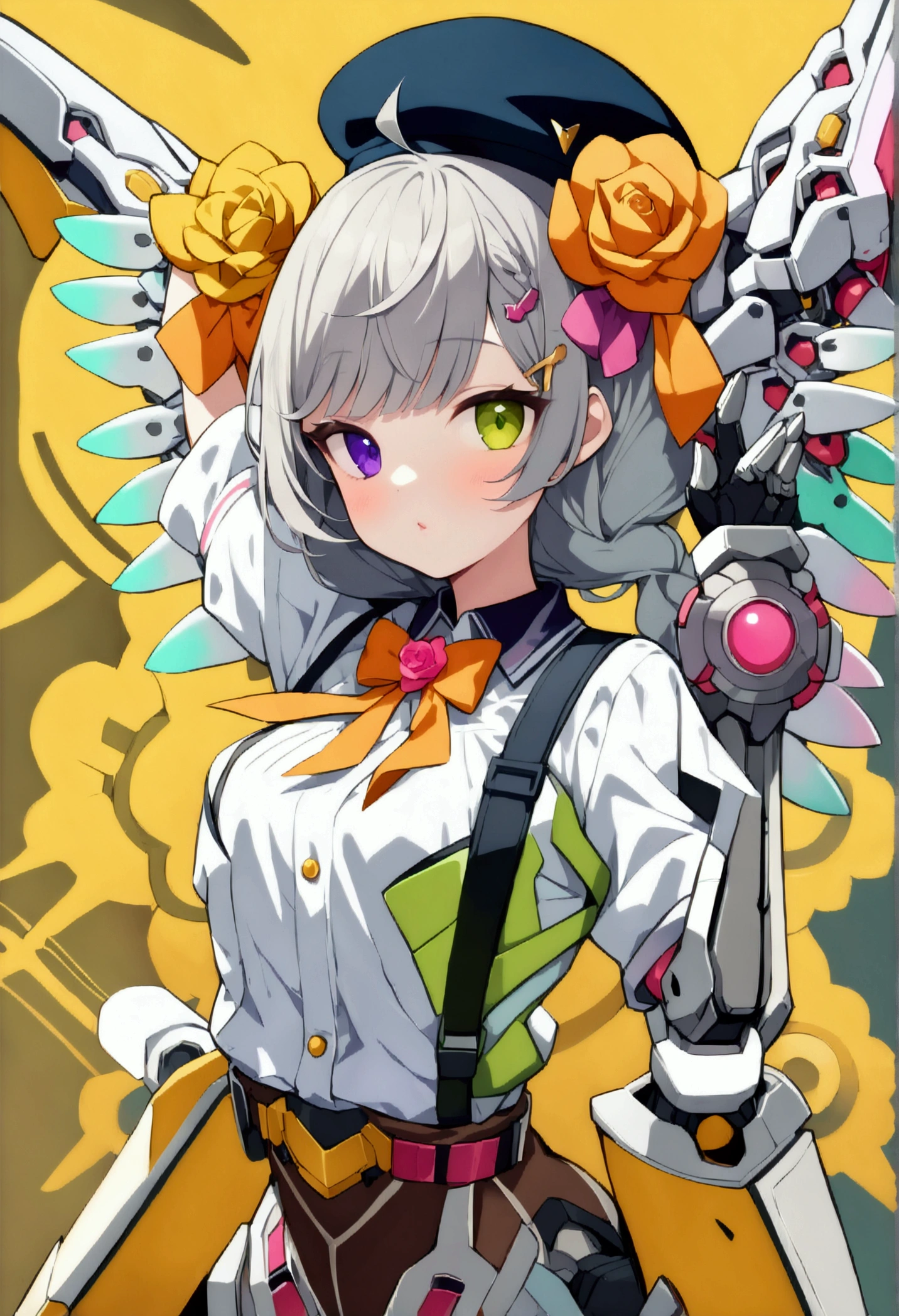 woman 165cm tall, slim build, , charming look, ((heterocromia: look like, right naranja y look like izquierdo violeta)), (Shoulder Length Wavy Gray Hair, a short braid on the left side of the hair, big open bangs, golden gear hairpin on the left side of the hair), (((complex mechanical legs up to the hip, The legs are black with gray parts with small pink details))), (((complex mechanical arms up to the elbows, The arms are black with gray parts with small pink details))), ((complex white mechanical angel wings with pastel green parts)), (elegant black French beret with an orange rose ribbon), (stylish white short sleeve button down shirt, dark brown shorts from the waist, elegant black belt, small rose brooch on shirt collar, beautiful mechanical stilettos), (((character design sheet: Front view))), ((Pastel yellow background)), extremely detailed beautiful hair, beautiful detailed clothing, extremely detailed arms, extremely detailed face, (Extremely detailed hands), perfect hands, small face, hermosos look likes detallados, beautiful detailed lips, adorable, extremely detailed legs, (Best Quality, 8k, ultra resolution), ultra detailed, Exquisite and epic character art, (Focus on symmetry), (extremely detailed wings), (body position: standing, right, symmetrical), looking at the viewer, (whole body).
