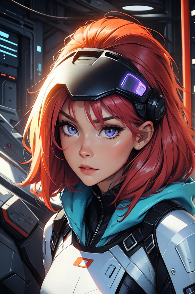 no-helmet, red hair, ginger, mature girl, super beautiful, super blue and orange, purple., fiery red, red hair, portrait, light vintage blonde color hair, scientist character, female, super strong, female, blonde and silver clothing, cyberpunk female, short blonde hair, portrait, close-up, in a spaceship hangar, a female in a sci-fi jumpsuit with led lights making shapes, she has short light green hair, purple eyes, silver clothing.