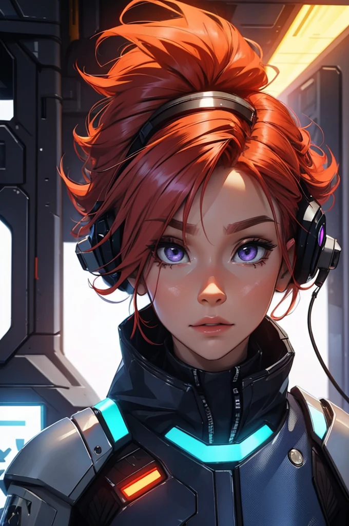 no-helmet, red hair, ginger, mature girl, super beautiful, super blue and orange, purple., fiery red, red hair, portrait, light vintage blonde color hair, scientist character, female, super strong, female, blonde and silver clothing, cyberpunk female, short blonde hair, portrait, close-up, in a spaceship hangar, a female in a sci-fi jumpsuit with led lights making shapes, she has short light green hair, purple eyes, silver clothing.