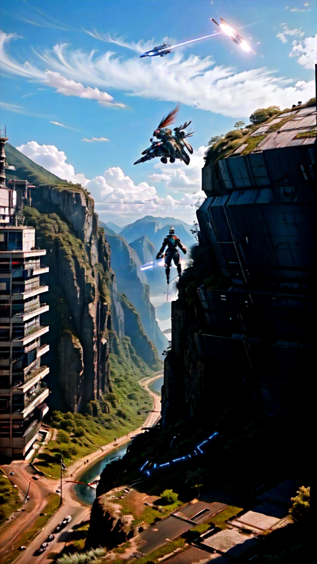 8K, Raw photo, highest quality, masterpiece, Very Long Shot, aerial view, cinematic lighting,| female cyborg with exposed mechanical parts, She wears cyberpunk full armor with pants, Dynamic shooting poses to showcase her agility as she moves through the futuristic landscape, breaking off the heavens