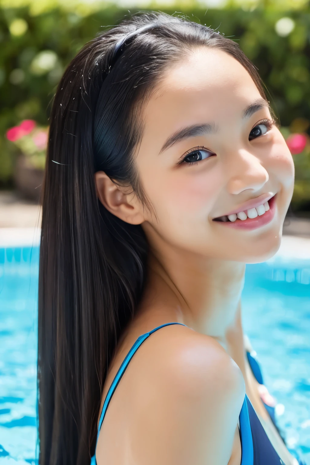 A beautiful teenage girl of Asian descent is standing in the shallow part of a privately owned swimming pool before swimming. She is smiling, she looks happy and content. She is facing the front. She has beautiful black hair. She is wearing a blue one-piece swimsuit with a tropical pattern. She has a fair complexion.
Her black hair is long and straight.
She has a wide forehead with a slightly rounded hairline.
Her eyebrows are dark and straight.
She has almond-shaped eyes.
Her nose is small and straight.
She has a rounded face with full cheeks.
Her lips are full, and she is smiling slightly.