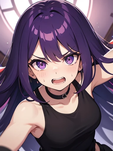 highquality, Purple Hair, Asymmetrical long hair, Emphasize the sides, Raise your arms, Sweating profusely, Double teeth, excited