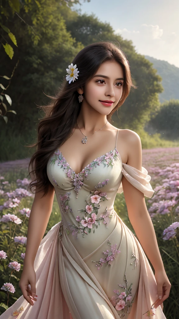 22 years Beautiful Indian Girl, masterpiece, best quality, official art, extremely detailed CG unity 8k wallpaper, Ray Tracing, highly detailed, absurdres, Panorama, Depth of field, telephoto lens, angel, looking afar, looking to camera man, in spring, sunset, rainbow, (((flower field))), (((flower sea))), Tyndall effect, 100% Realistic, ((Realistic)), (paper figure),((impasto)),(shiny skin), (water color),bloom effect,detailed beautiful grassland with petal,flower,butterfly,necklace,smile,petal, Evening  Embroidered Rose Bud Silk Gauze Dress, Perfect body figure, Beautiful Smile, Cinematic photography, Sexy angles, Stylish poses, 