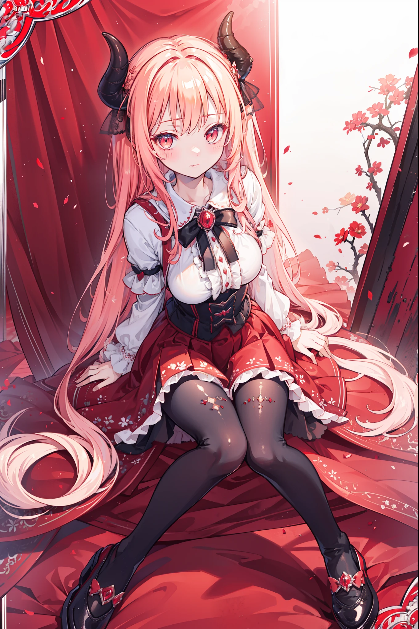 (Extremely detailed CG unity),Detailed clothes, Masterpiece, An extremely delicate and beautiful, full body shot of, 1girll, Sitting position,  messy  hair, Beautiful detailed eyes，red color eyes, lacepantyhose，florals，The horns of the succubus，girls shoes，Avoid extra feet，Transparent Gothic Skirt