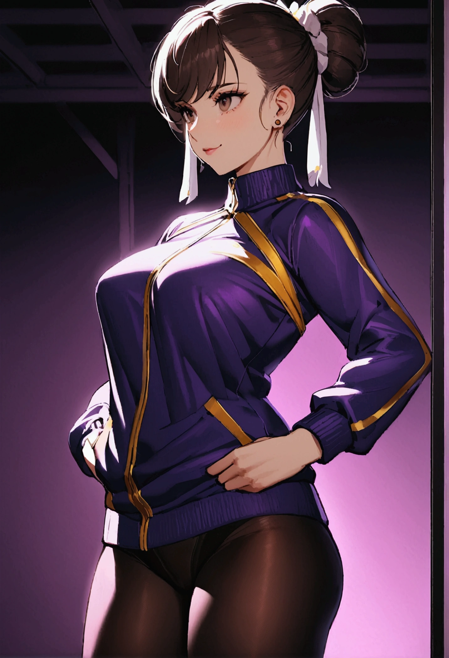 chun li,beautiful young fitness woman with , in a gym wearing May with black pantyhose, tight white and purple gym jacket. standing alone,Beautiful Tits, low lighting,ssmile ,legging preto
