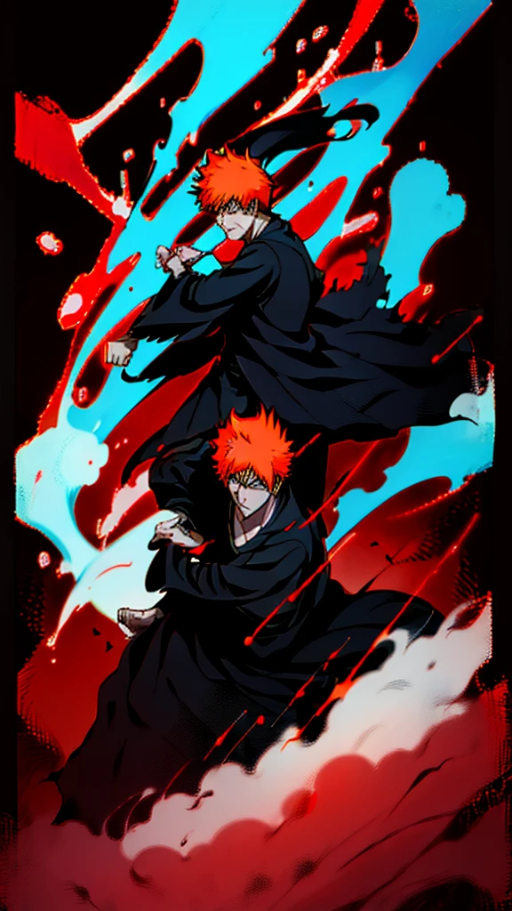 a man in the story series "belach" has dry orange hair, wears a skull mask with the name "kurosaki ichigo" wears a black kimono with UHD, 5D ANIME photo resolution quality.