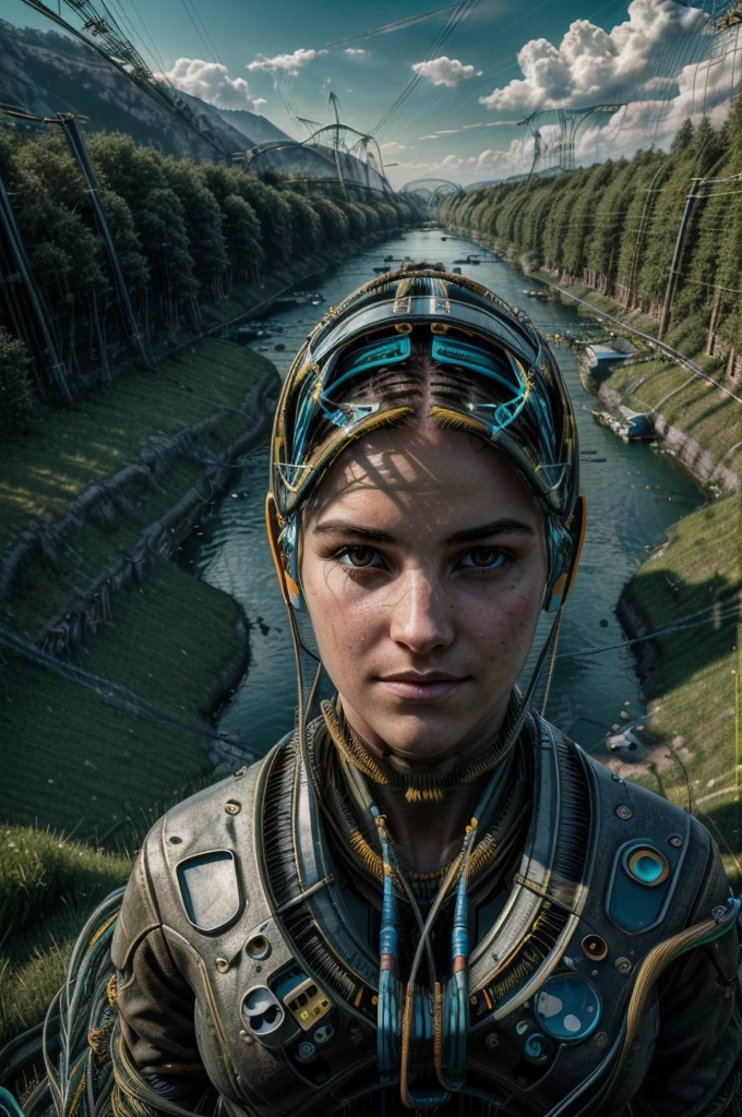 (((grassland))), ((best quality)), ((Extremely detailed)), (game illustration), (Extremely beautiful)),, light, ((1.Girls with disabilities)), single, full. : 1.4), ((river), (cloud), (lake)), ((forest), ((war machine)), Poker face, (Wires and cables connecting the head to the body: 1.5), (character focus), Science fiction