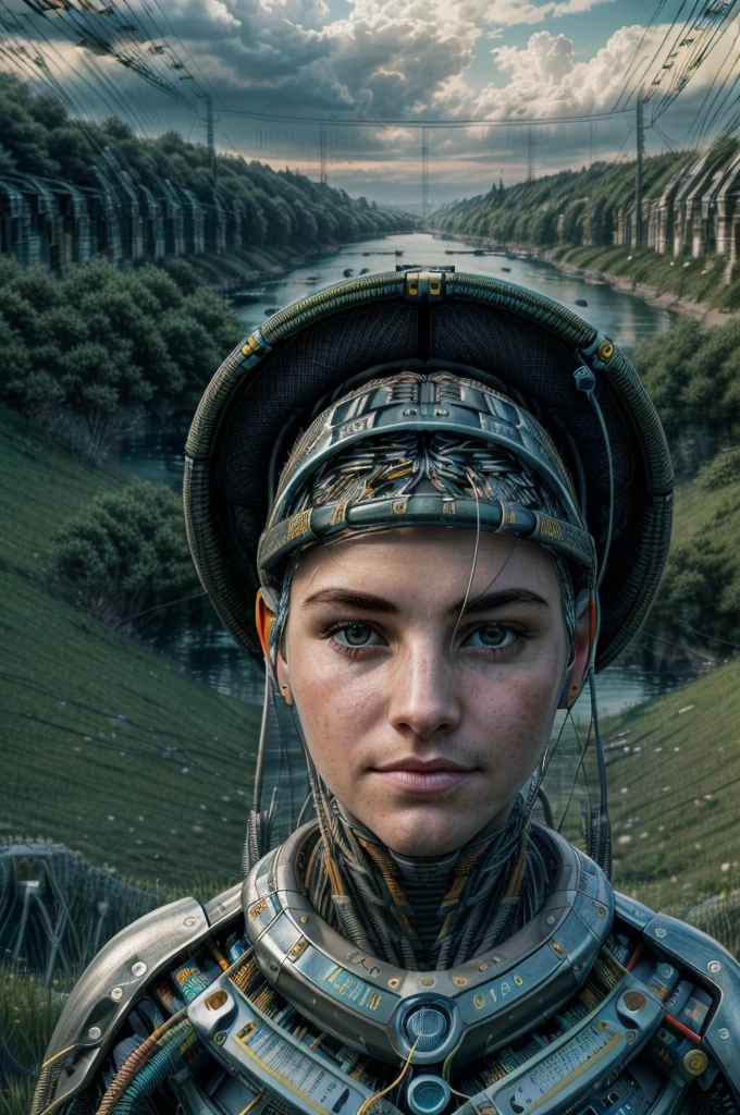 (((grassland))), ((best quality)), ((Extremely detailed)), (game illustration), (Extremely beautiful)),, light, ((1.Girls with disabilities)), single, full. : 1.4), ((river), (cloud), (lake)), ((forest), ((war machine)), Poker face, (Wires and cables connecting the head to the body: 1.5), (character focus), Science fiction